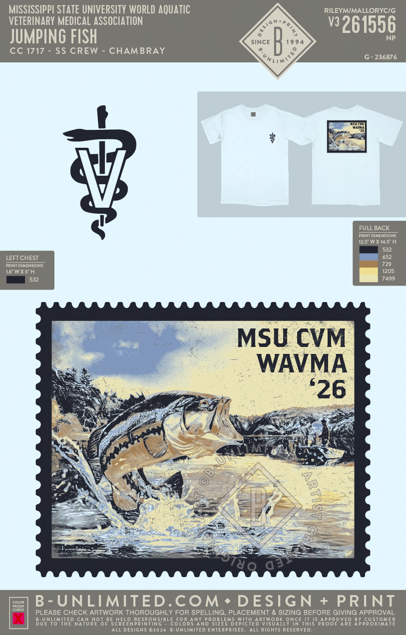 Mississippi State University World Aquatic Veterinary Medical Association - Jumping Fish - CC - 1717 - SS Crew - Chambray