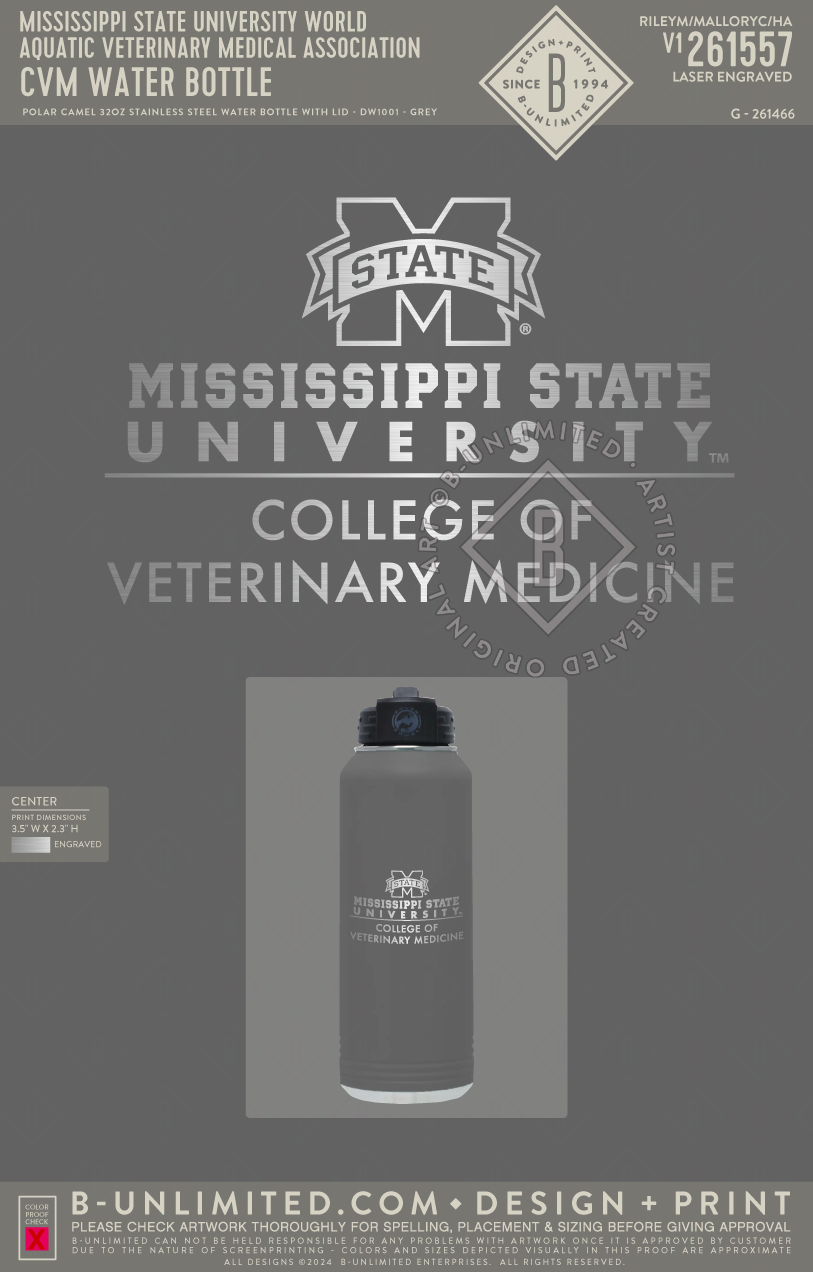 Mississippi State University World Aquatic Veterinary Medical Association - CVM Water Bottle - Polar Camel 32oz Stainless Steel Water Bottle with Lid - Grey