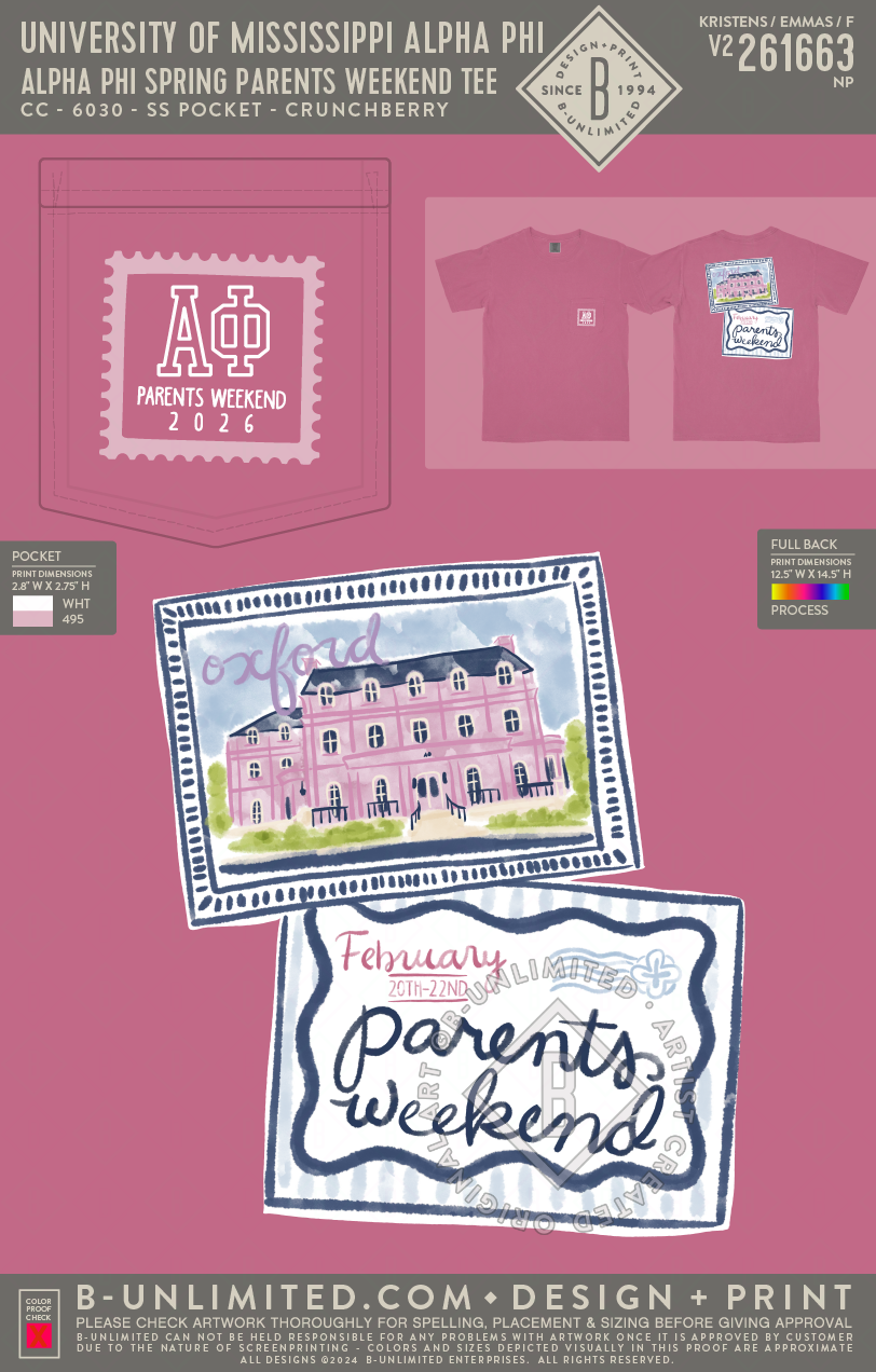 University of Mississippi Alpha Phi - Alpha Phi Spring Parents Weekend Tee (EOS26) - CC - 6030 - SS Pocket - Crunchberry