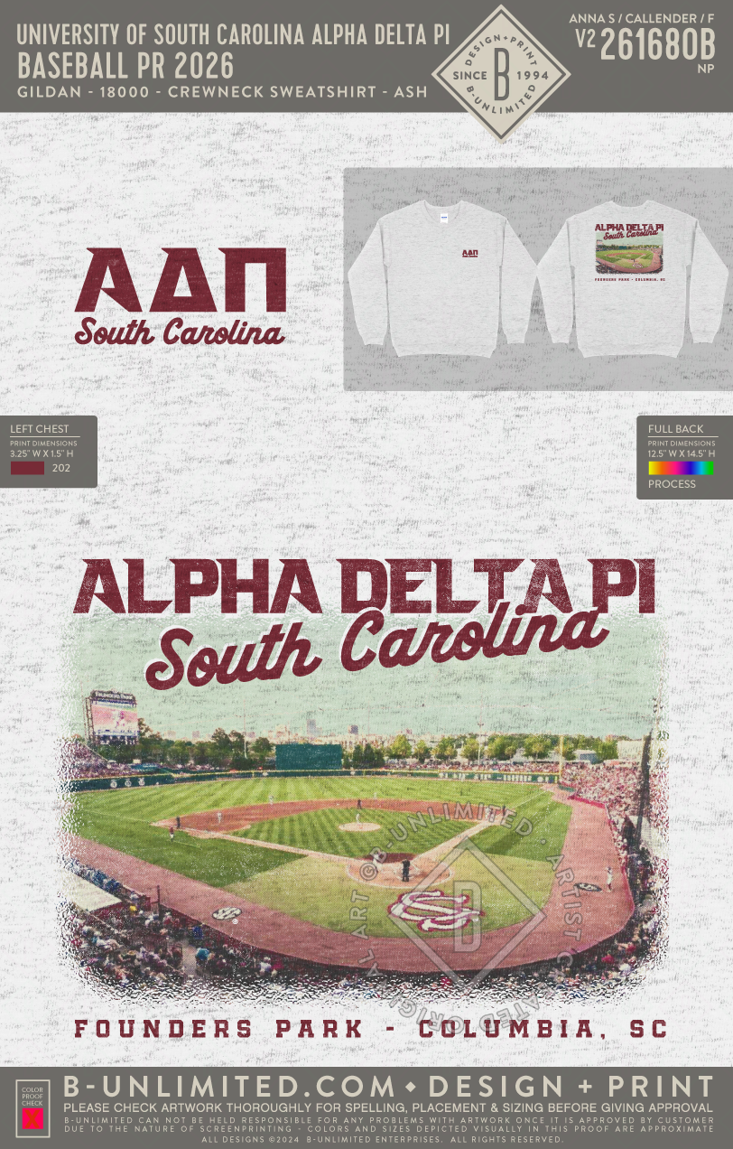 University of South Carolina Alpha Delta Pi - Baseball PR 2026 (EOS26) - Gildan - 18000 - Crewneck Sweatshirt - Ash Grey