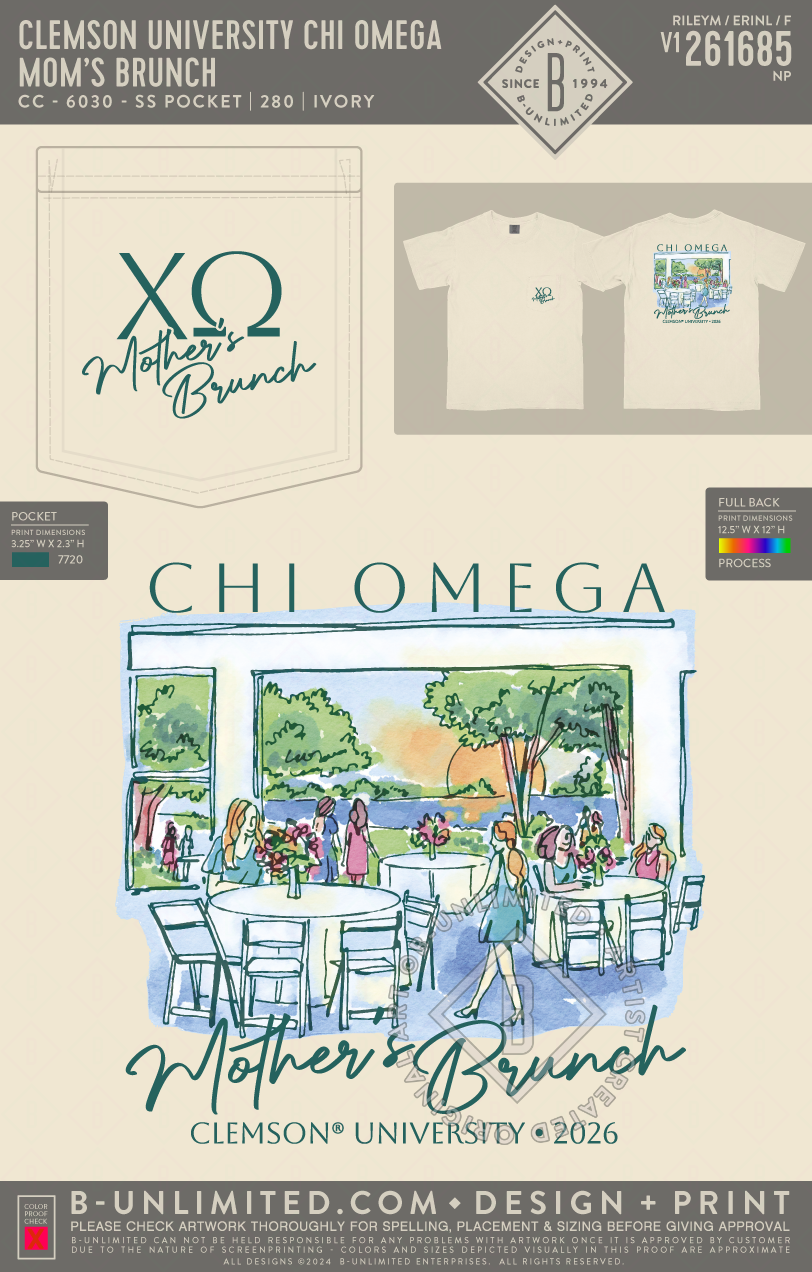 Clemson University Chi Omega - Mom's Brunch(EOS26) - CC - 6030 - SS Pocket - Ivory