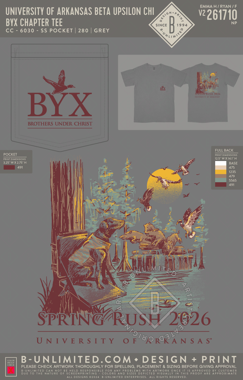 University of Arkansas Beta Upsilon Chi - BYX Chapter Tee (EOS26) - CC - 6030 - SS Pocket - Grey