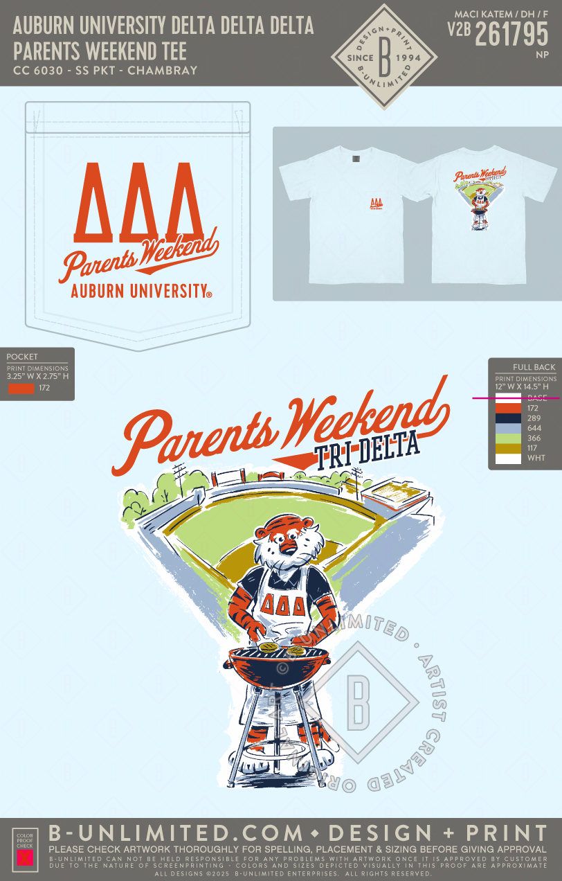 Auburn University Delta Delta Delta - parents weekend tee (EOS26) - CC - 6030 - SS Pocket - Chambray
