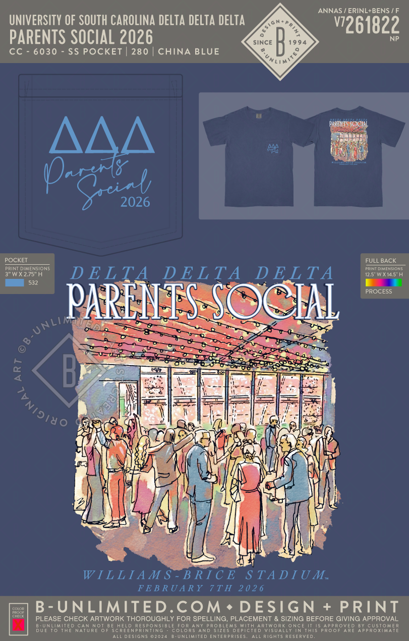 University of South Carolina Delta Delta Delta - parents social 2026 (EOS26) - CC - 6030 - SS Pocket - China Blue