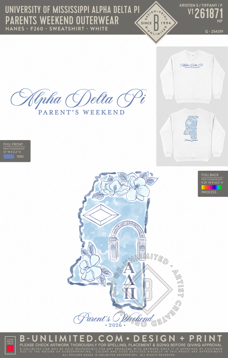 University of Mississippi Alpha Delta Pi - Parents Weekend Outerwear (EOS26) - Hanes - F260 - Sweatshirt - White