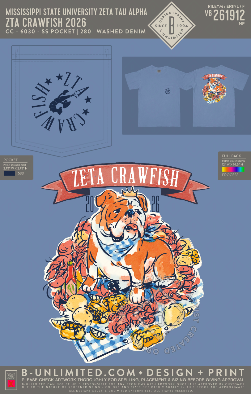 Mississippi State University Zeta Tau Alpha - ZTA Crawfish 2026(EOS26) - CC - 6030 - SS Pocket - Washed Denim