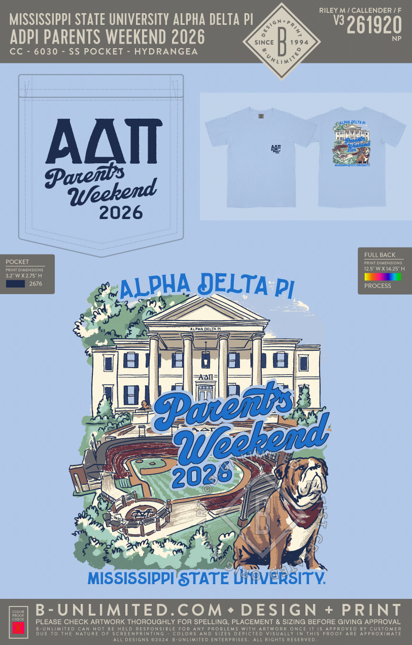 Mississippi State University Alpha Delta Pi - ADPi Parents Weekend 2026(EOS26) - CC - 6030 - SS Pocket - Hydrangea