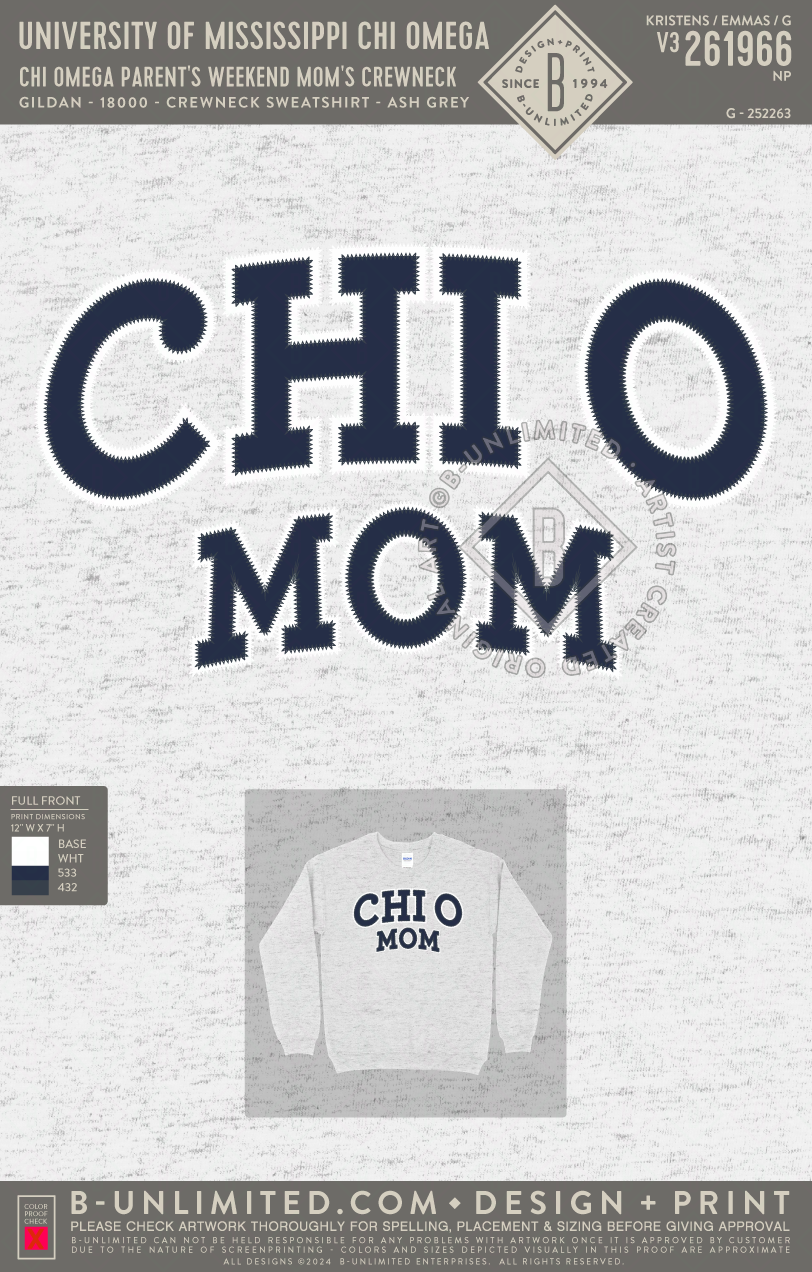 University of Mississippi Chi Omega - Chi Omega Parent's Weekend Mom's Crewneck (EOS26) - Gildan - 18000 - Crewneck Sweatshirt - Ash Grey