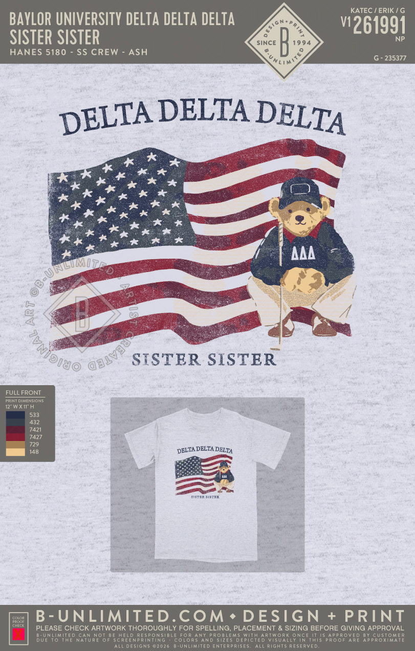 Baylor University Delta Delta Delta - Sister Sister (EOS26) - Hanes - 5180 - SS Beefy Crew - Ash