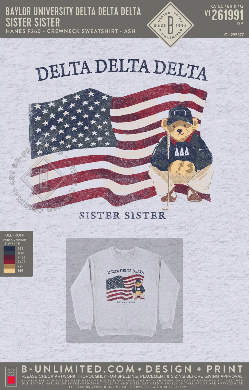 Baylor University Delta Delta Delta - Sister Sister (EOS26) - Hanes - F260 - Sweatshirt - Ash