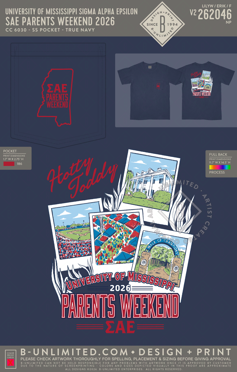 University of Mississippi Sigma Alpha Epsilon - SAE Parents Weekend 2026 - CC - 6030 - SS Pocket - True Navy