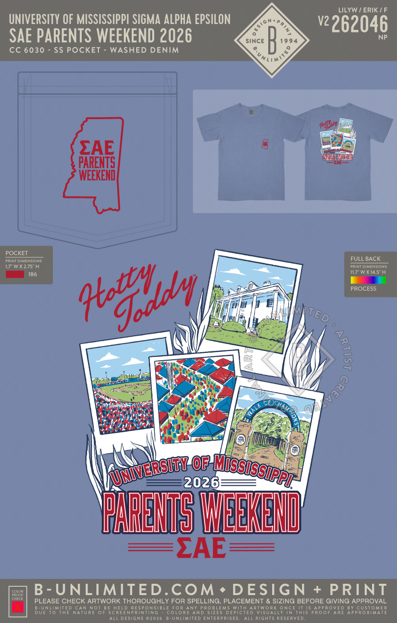 University of Mississippi Sigma Alpha Epsilon - SAE Parents Weekend 2026 - CC - 6030 - SS Pocket - Washed Denim