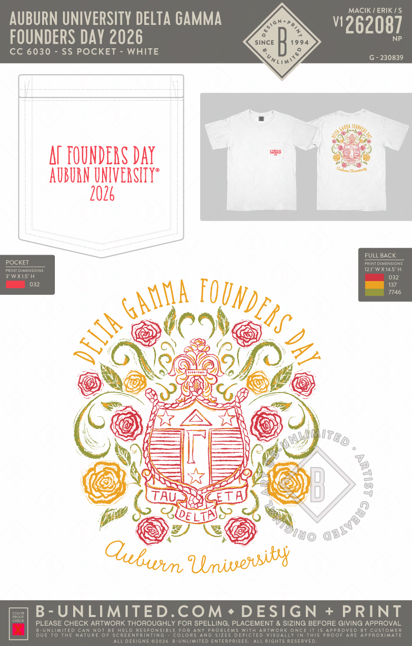 Auburn University Delta Gamma - Founders Day 2026 (EOS26) - CC - 6030 - SS Pocket - White