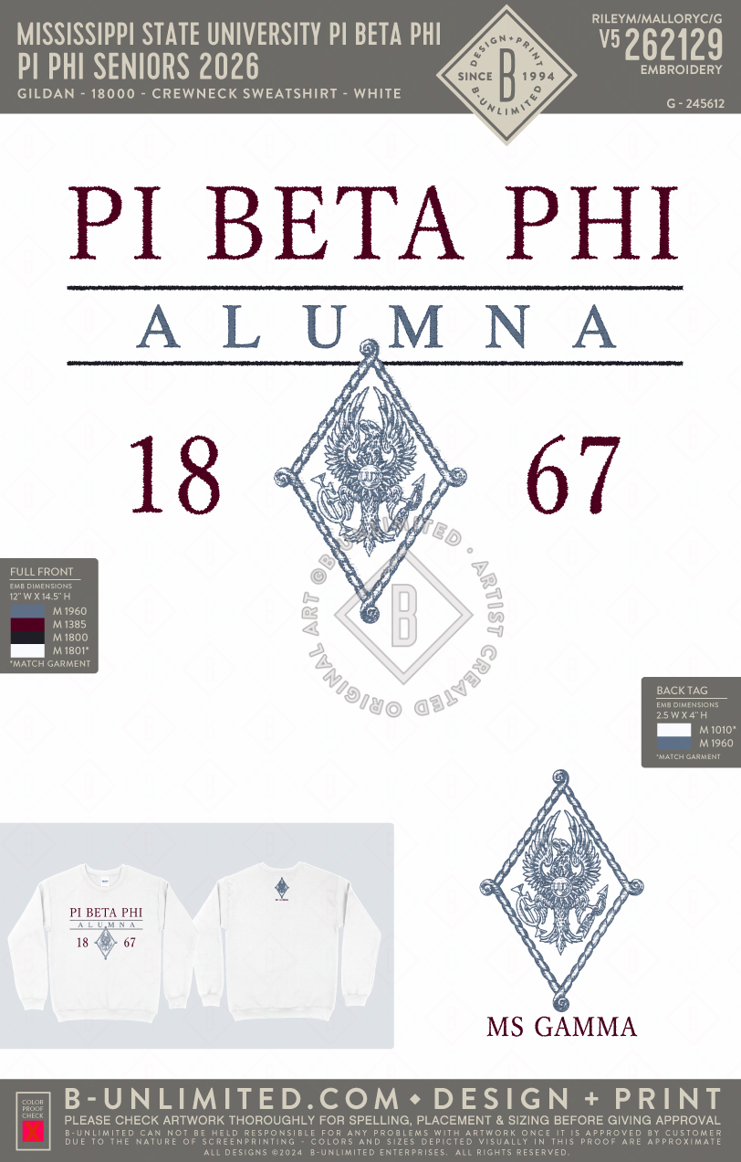 Mississippi State University Pi Beta Phi - Pi Phi Seniors 2026 - Gildan - 18000 - Crewneck Sweatshirt - White