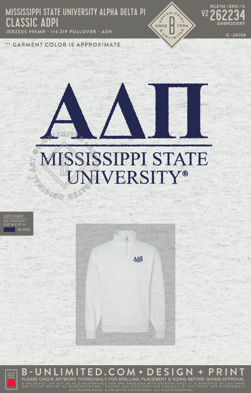 Mississippi State University Alpha Delta Pi - Classic ADPI - Jerzees - 995MR - 1/4 Zip Pullover - Ash