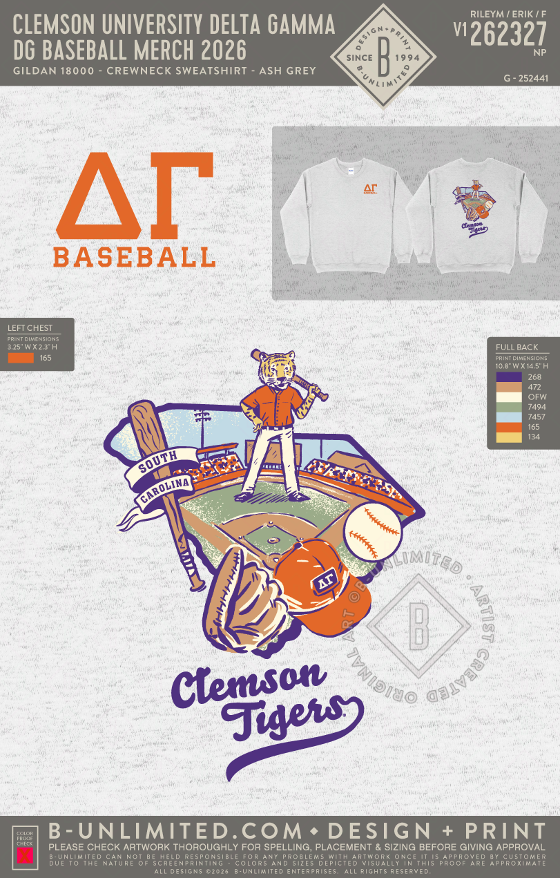Clemson University Delta Gamma - DG Baseball Merch 2026(EOS26) - Gildan - 18000 - Crewneck Sweatshirt - Ash Grey