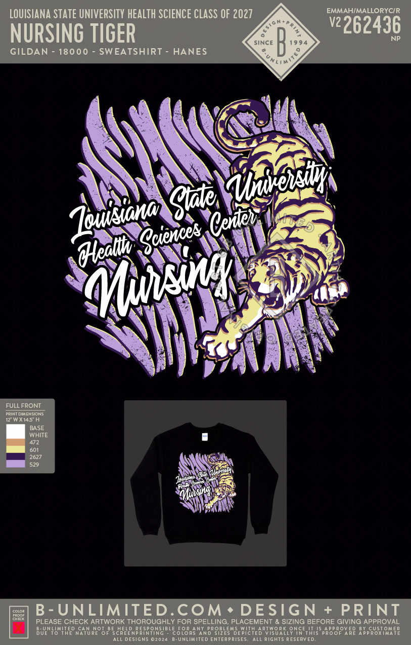 Louisiana State University Health Science Class of 2027 - Nursing Tiger - Gildan - 18000 - Crewneck Sweatshirt - Black