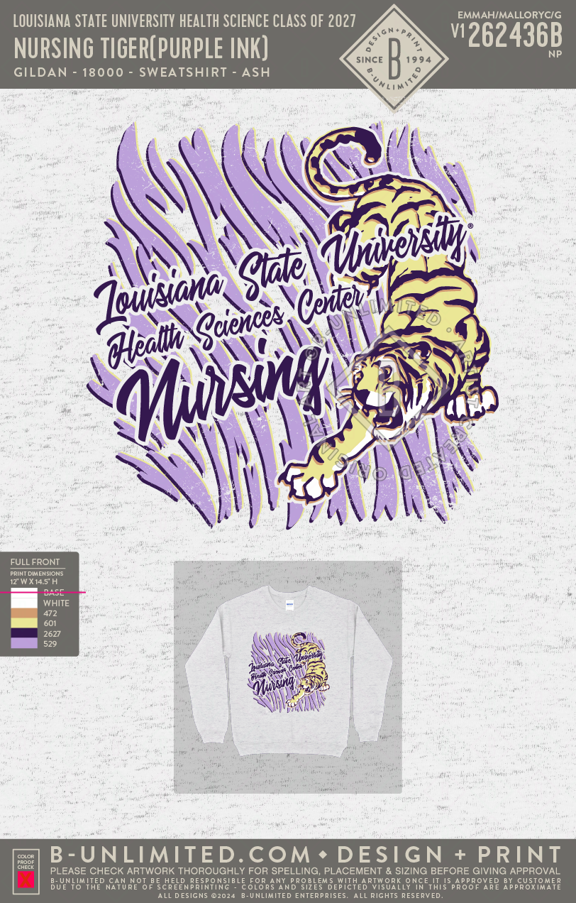 Louisiana State University Health Science Class of 2027 - Nursing Tiger(PURPLE INK) - Gildan - 18000 - Crewneck Sweatshirt - Ash Grey