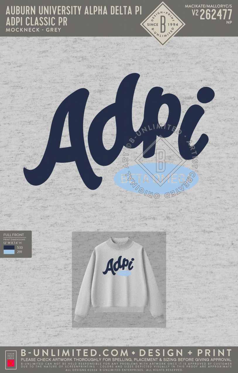 Auburn University Alpha Delta Pi - ADPI Classic PR - Tap Stitch - WW0004-P001-V2 - Mockneck Crewneck Sweatshirt - Flower Grey
