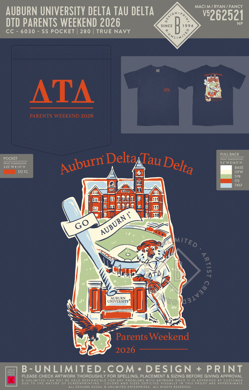 Auburn University Delta Tau Delta - DTD Parents Weekend 2026 (EOS26) - CC - 6030 - SS Pocket - True Navy