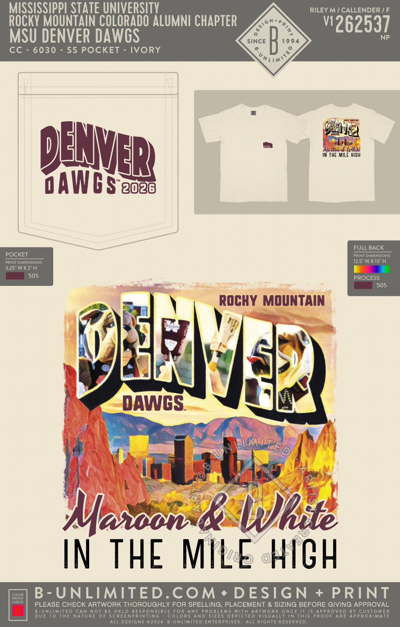 Mississippi State University Rocky Mountain Colorado Alumni Chapter - MSU Denver Dawgs - CC - 6030 - SS Pocket - Ivory