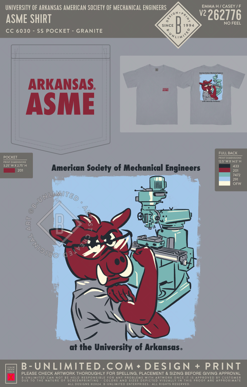 University of Arkansas American Society of Mechanical Engineers - ASME Shirt - CC - 6030 - SS Pocket - Granite