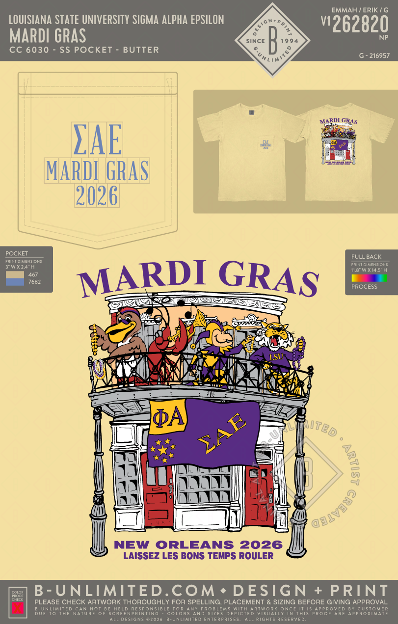 Louisiana State University Sigma Alpha Epsilon - Mardi Gras (EOS26) - CC - 6030 - SS Pocket - Butter