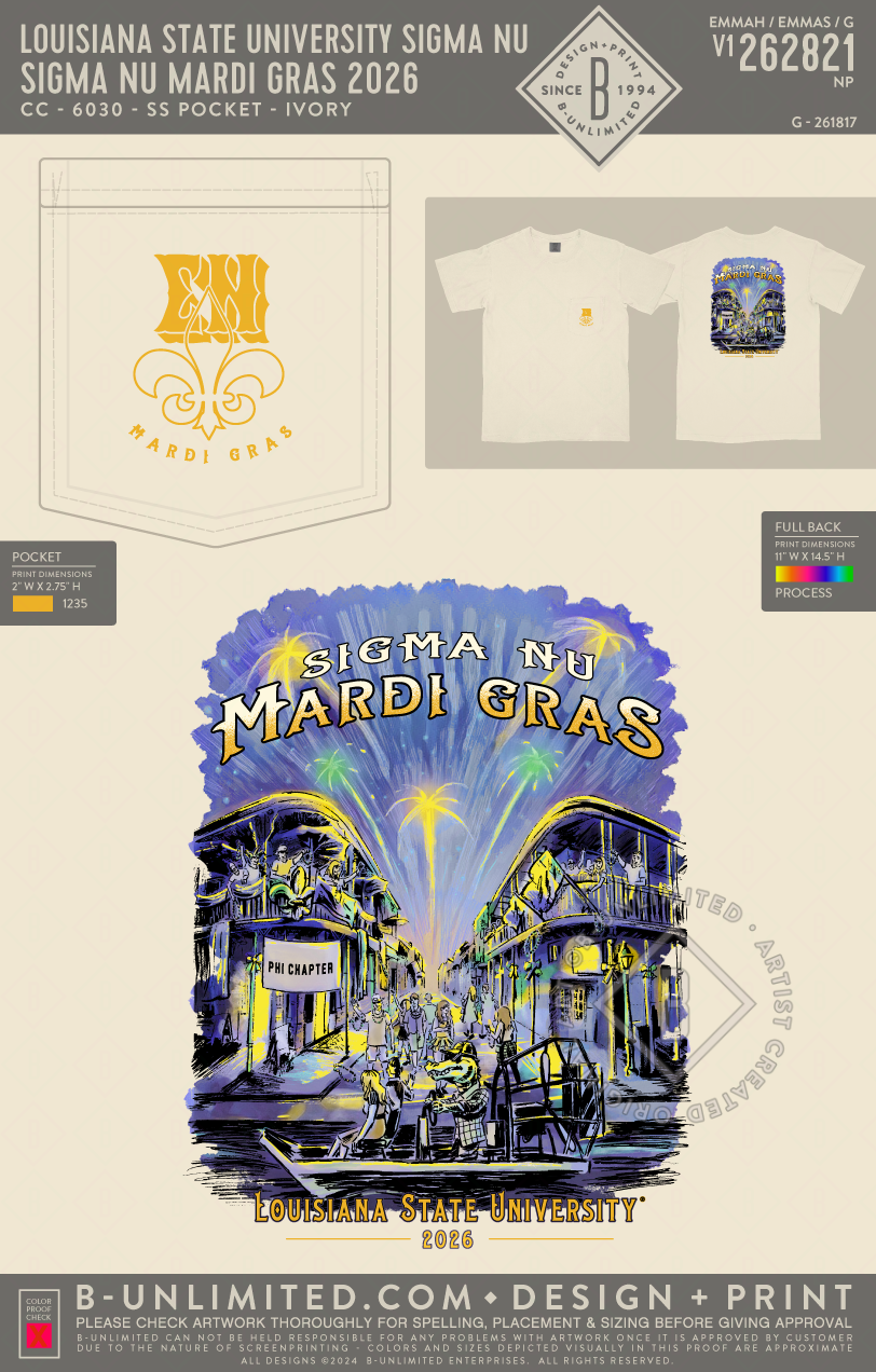 Louisiana State University Sigma Nu - SIgma Nu Mardi Gras 2026 (EOS26) - CC - 6030 - SS Pocket - Ivory