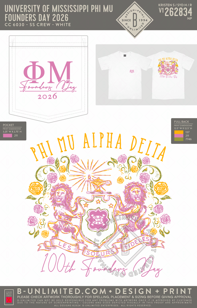 University of Mississippi Phi Mu - Founders Day 2026 (EOS26) - CC - 6030 - SS Pocket - White