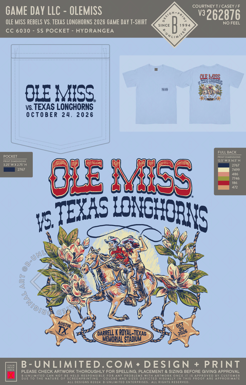 B-Unlimited Game Day - Ole Miss Rebels vs. Texas Longhorns 2026 Game Day T-Shirt (WS) - CC - 6030 - SS Pocket - Hydrangea