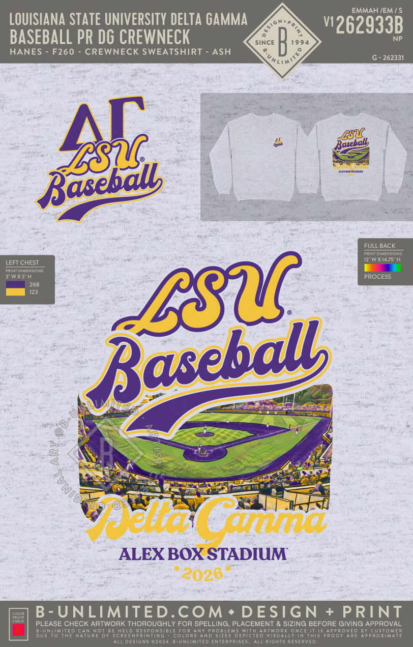Louisiana State University Delta Gamma - Baseball PR DG Crewneck (EOS26) - Hanes - F260 - Sweatshirt - Ash