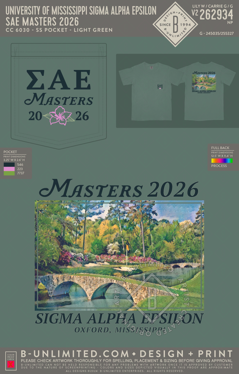 University of Mississippi Sigma Alpha Epsilon - SAE Masters 2026 - CC - 6030 - SS Pocket - Light Green
