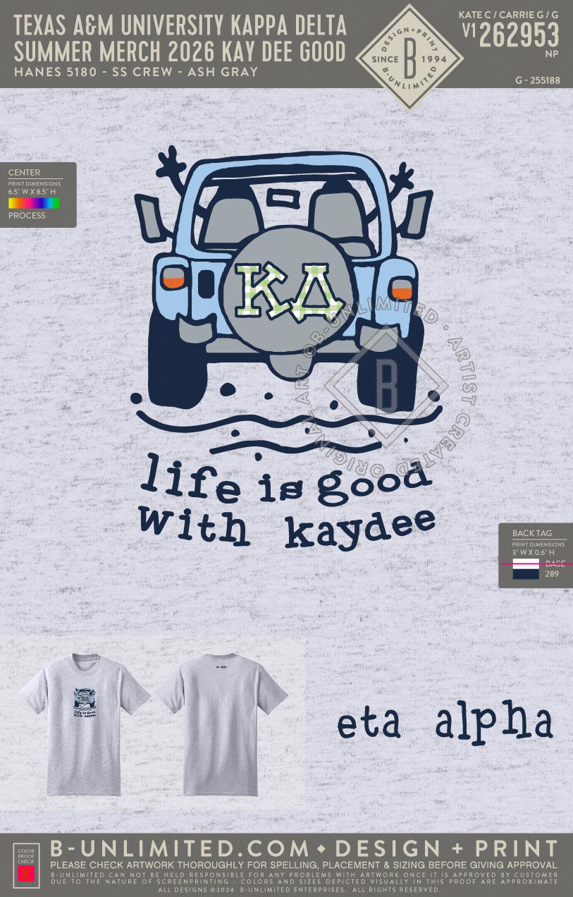 Texas A&M University Kappa Delta - Summer Merch 2026 Kay Dee Good (EOS26) - Hanes - 5180 - SS Beefy Crew - Ash