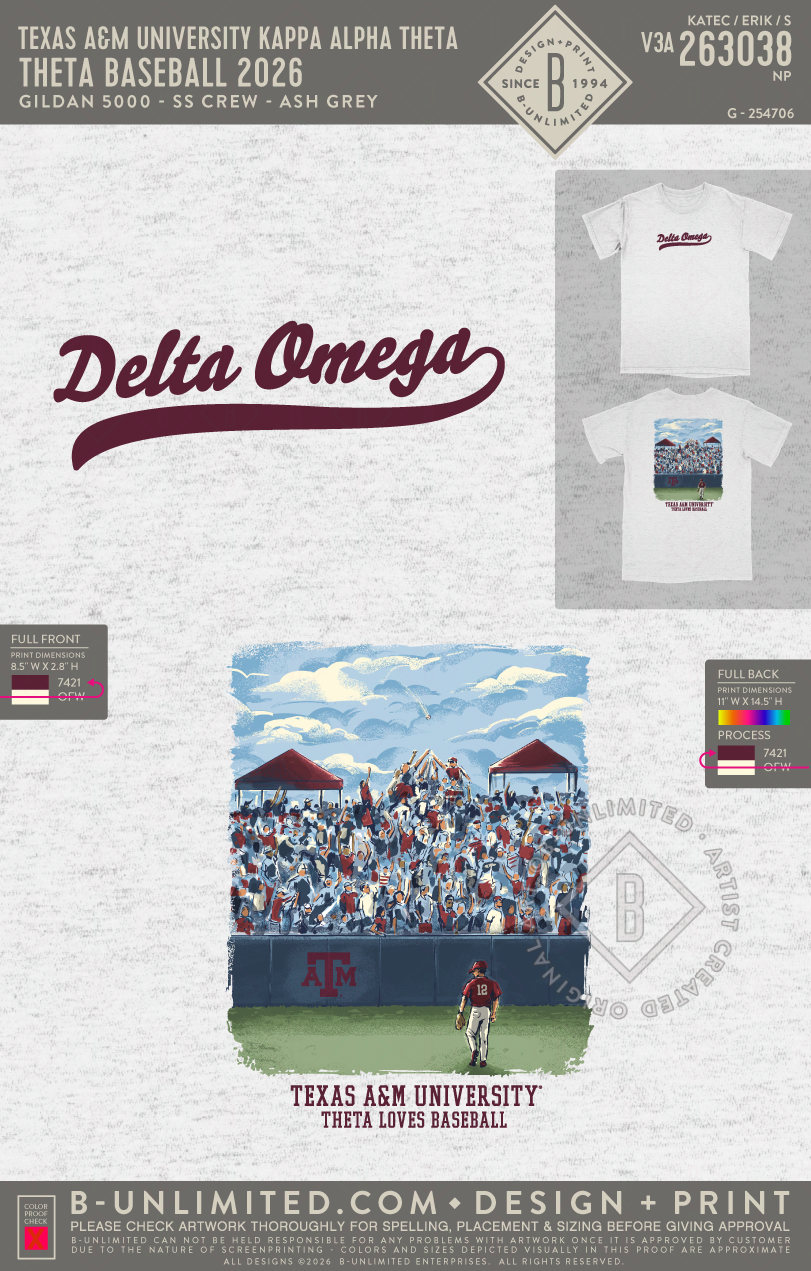 Texas A&M University Kappa Alpha Theta - Theta Baseball 2026 (EOS26) - Gildan - 5000 - SS Crew - Ash Grey