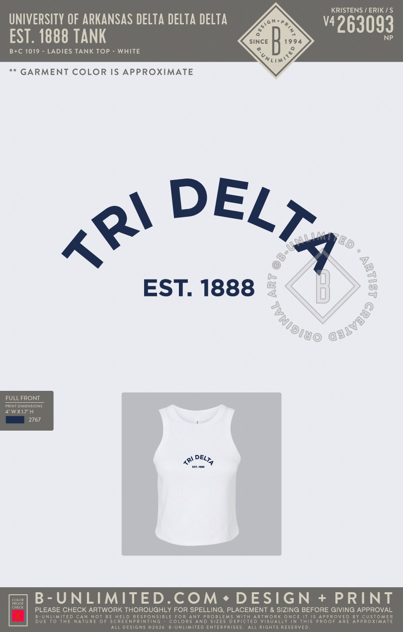 University of Arkansas Delta Delta Delta - EST. 1888 Tank (EOS26) - B+C - 1019 - Ladies Tank Top - Solid White Blend