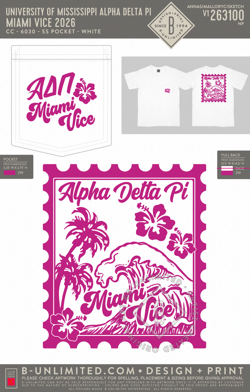 University of Mississippi Alpha Delta Pi - Miami Vice 2026 (EOS26) - CC - 6030 - SS Pocket - White