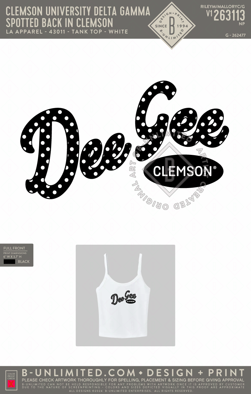Clemson University Delta Gamma - Spotted back in Clemson - LA Apparel - 43011 - Tank Top - White