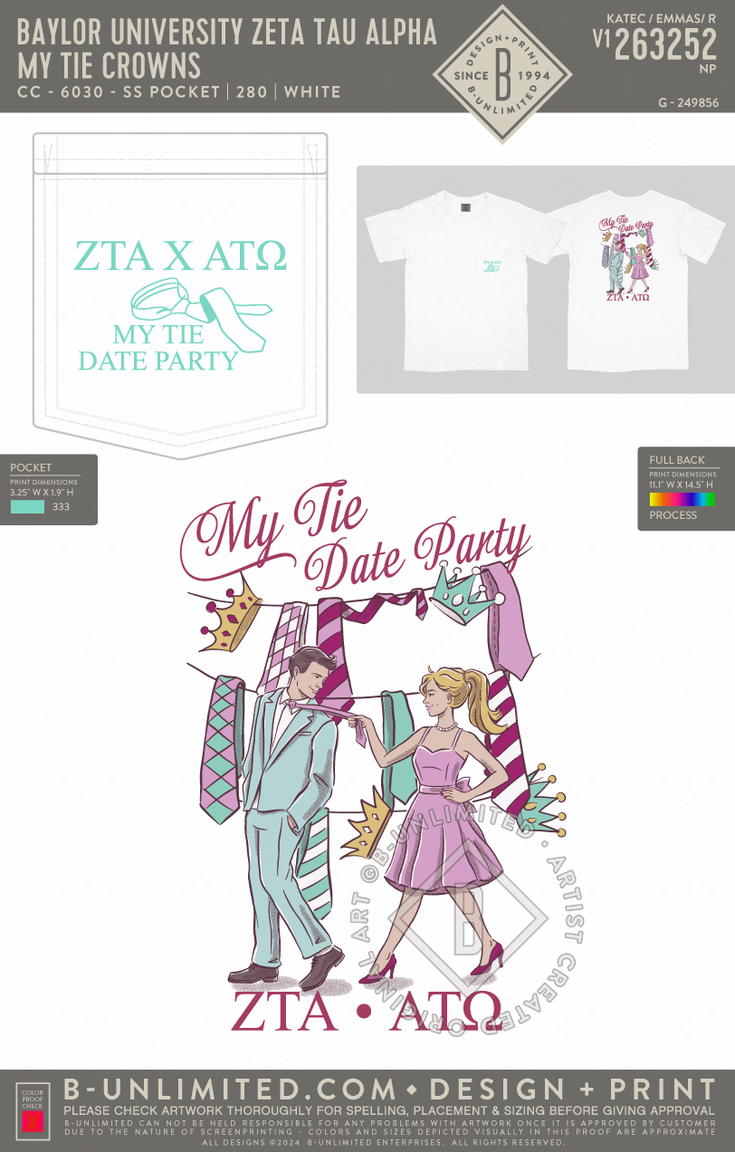 Baylor University Zeta Tau Alpha - My Tie Crowns (EOS26) - CC - 6030 - SS Pocket - White