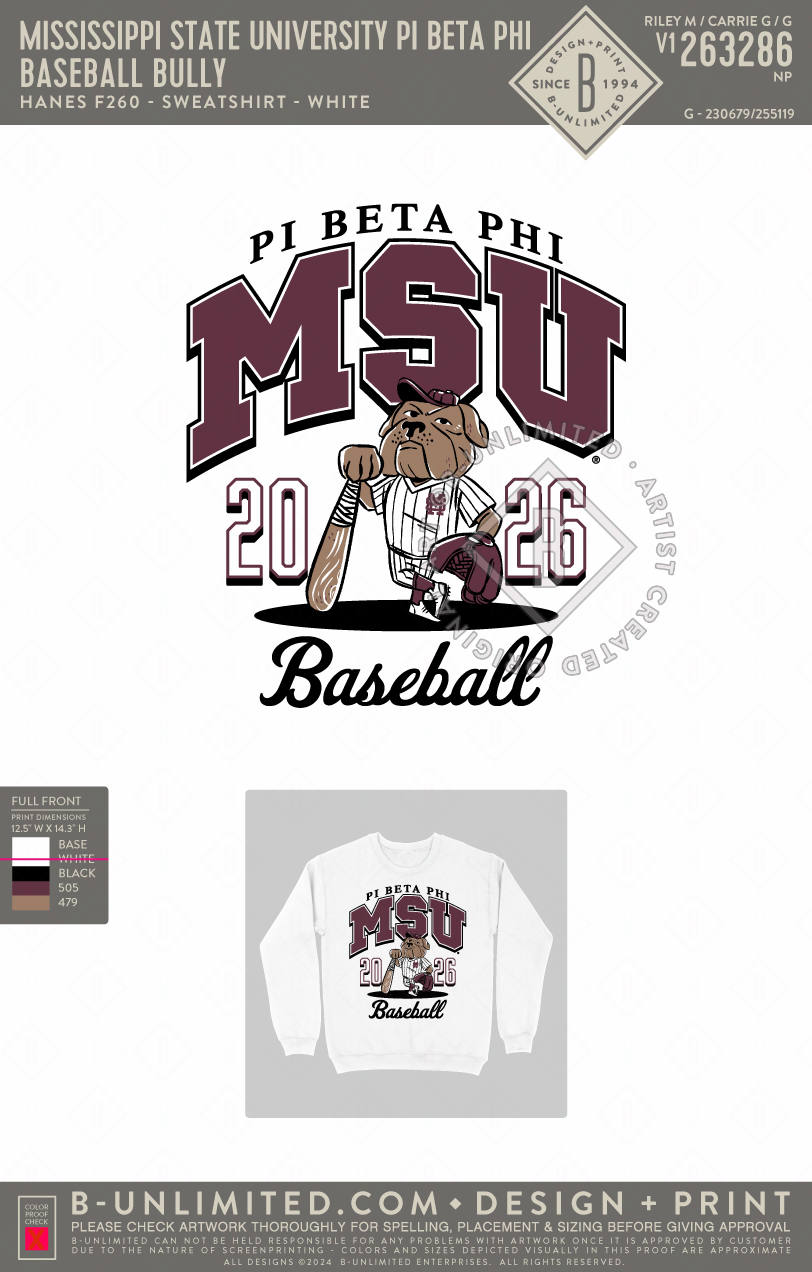 Mississippi State University Pi Beta Phi - Baseball Bully(EOS26) - Hanes - F260 - Sweatshirt - White