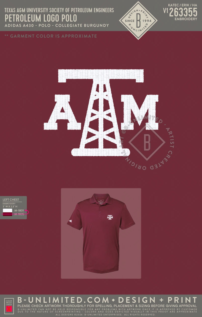 Texas A&M University Society of Petroleum Engineers - Petroleum Logo Polo - Adidas - A430 - Polo - Collegiate Burgundy