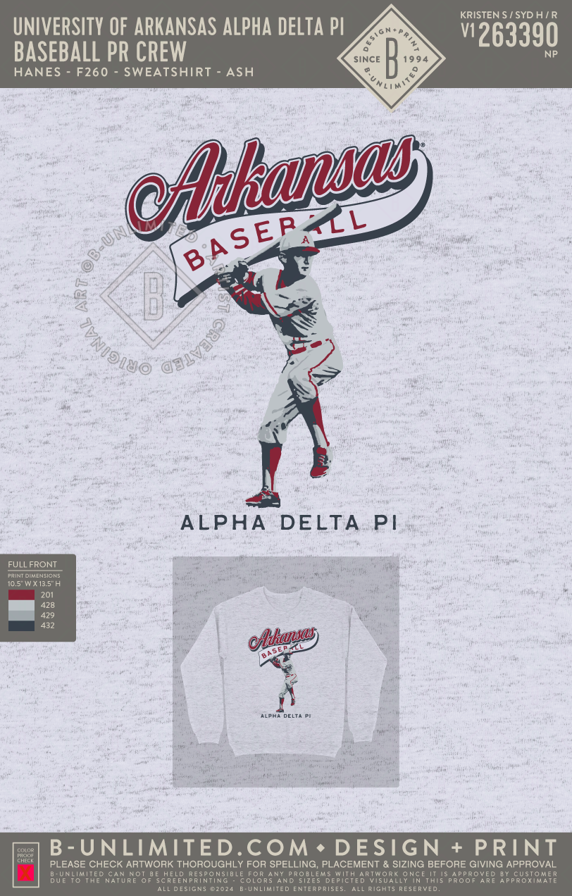 University of Arkansas Alpha Delta Pi - Baseball PR Crew (EOS 2026) - Hanes - F260 - Sweatshirt - Ash