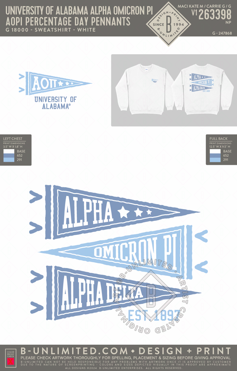University of Alabama Alpha Omicron Pi - AOPI Percentage Day Pennants (EOS26) - Gildan - 18000 - Crewneck Sweatshirt - White