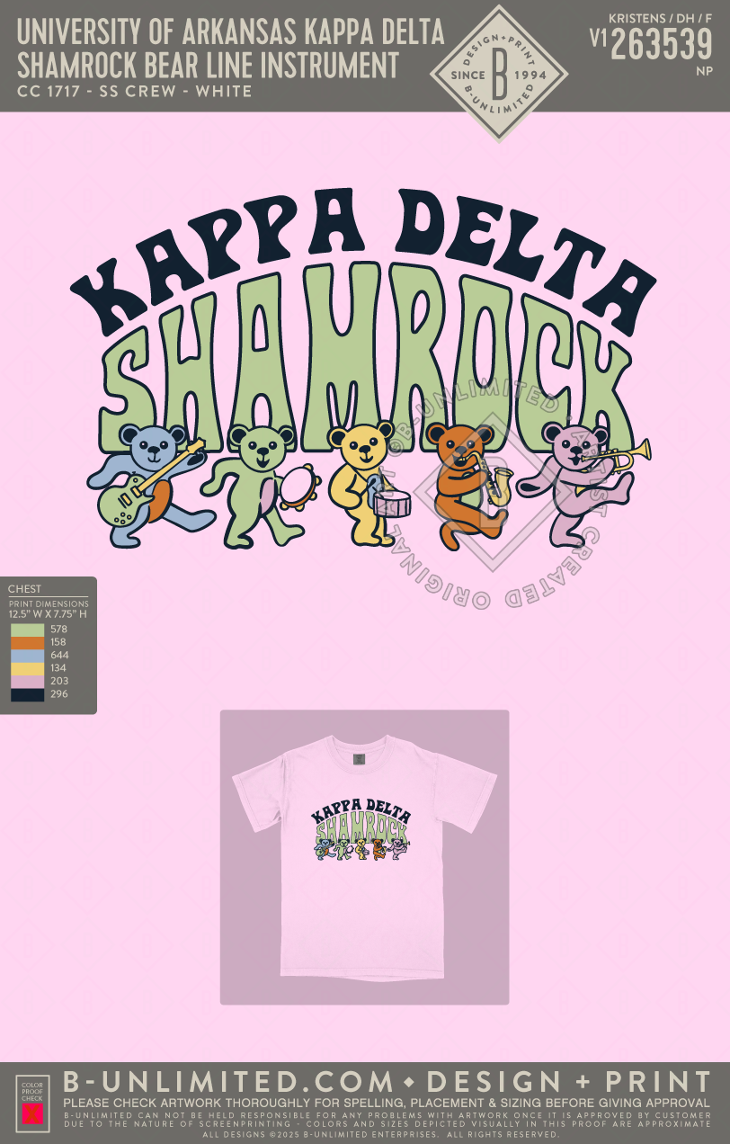 University of Arkansas Kappa Delta - Shamrock Bear Line Instrument (EOS26) - CC - 1717 - SS Crew - Blossom