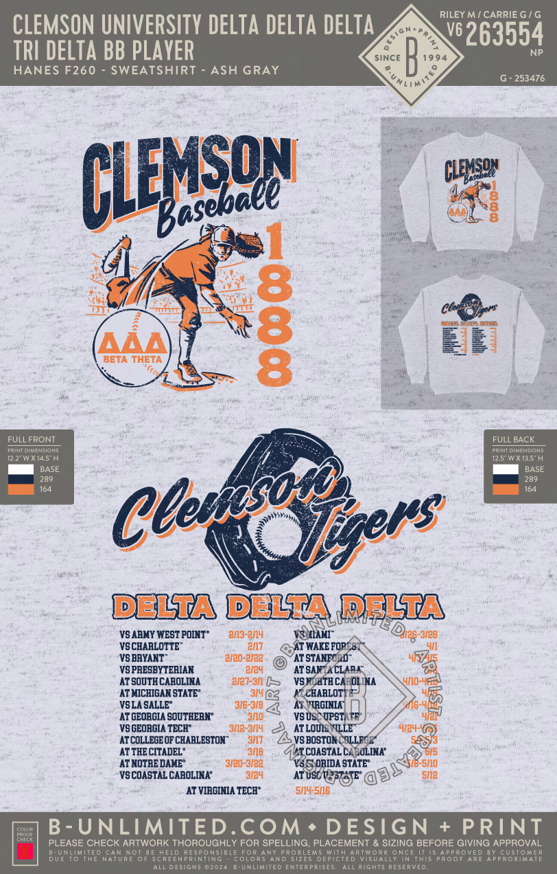 Clemson University Delta Delta Delta - Tri Delta BB Player(EOS26) - Hanes - F260 - Sweatshirt - Ash
