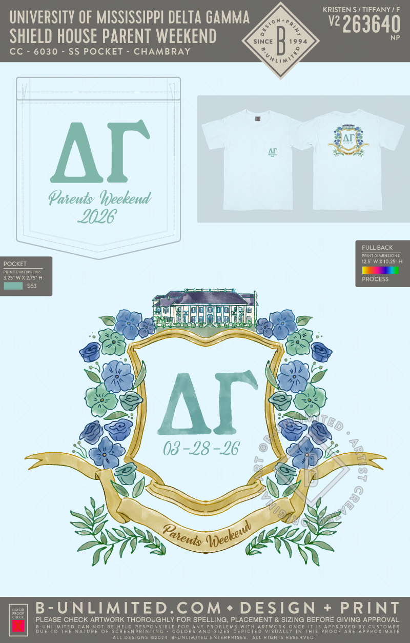 University of Mississippi Delta Gamma - Shield House Parent Weekend (EOS26) - CC - 6030 - SS Pocket - Chambray