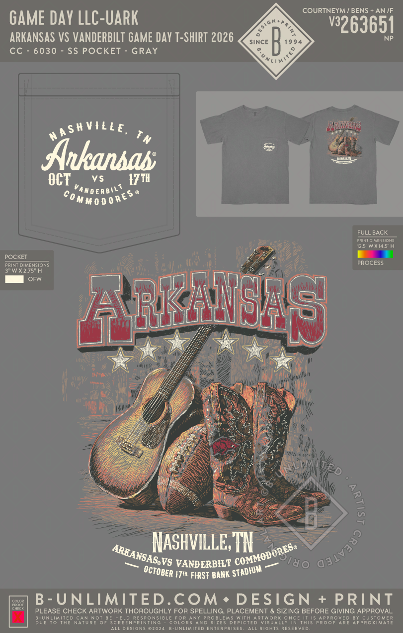 B-Unlimited Game Day - Arkansas vs Vanderbilt Game Day T-Shirt 2026 (WS) - CC - 6030 - SS Pocket - Grey