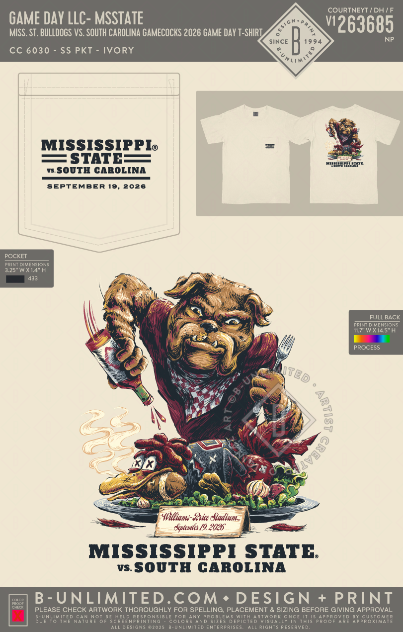 B-Unlimited Game Day - Mississippi State Bulldogs vs. South Carolina Gamecocks 2026 Game Day T-Shirt (WS) - CC - 6030 - SS Pocket - Ivory