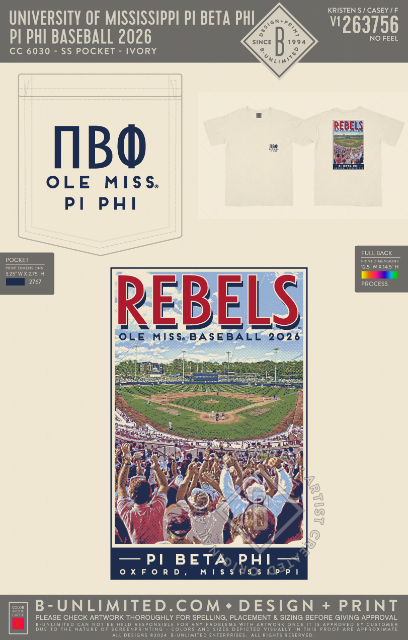 University of Mississippi Pi Beta Phi - Pi Phi Baseball 2026 (EOS26) - CC - 6030 - SS Pocket - Ivory