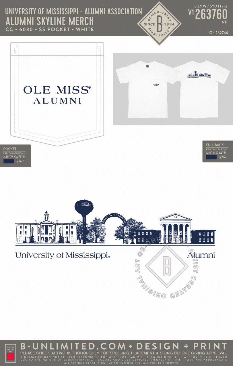University of Mississippi - Alumni Association - Alumni Skyline Merch - CC - 6030 - SS Pocket - White