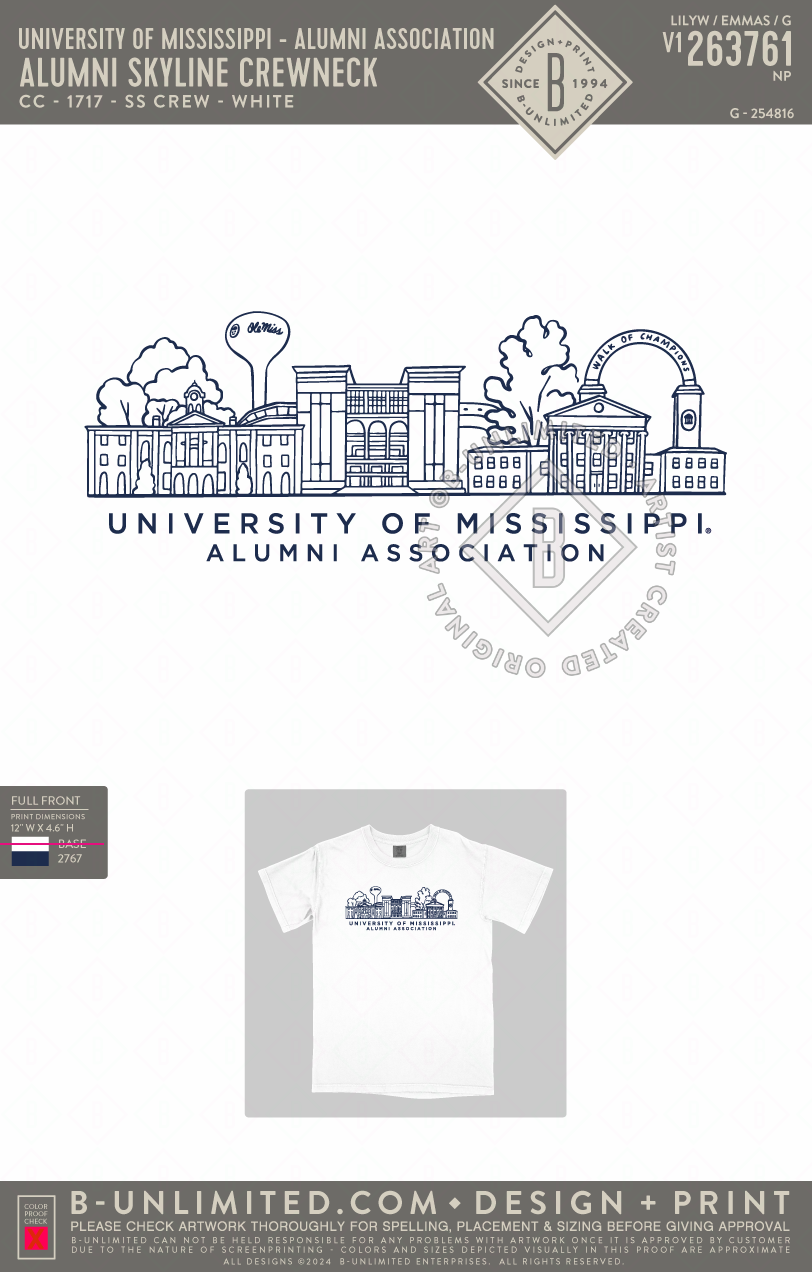 University of Mississippi - Alumni Association - Alumni Skyline Crewneck - CC - 1717 - SS Crew - White